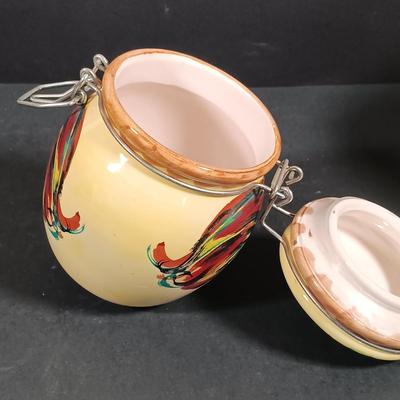 LOT 145: Vintage Milk Bottles, Spongeware Reco Crock, En Provence Rooster Canister & More