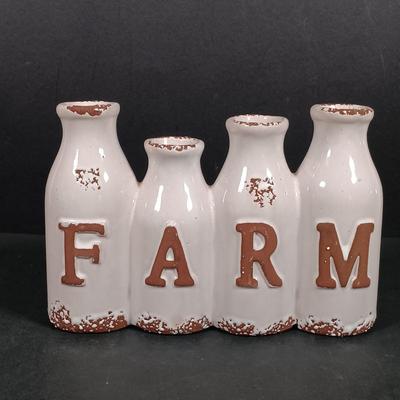 LOT 145: Vintage Milk Bottles, Spongeware Reco Crock, En Provence Rooster Canister & More