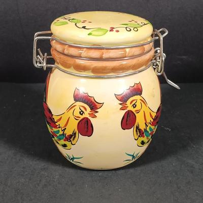 LOT 145: Vintage Milk Bottles, Spongeware Reco Crock, En Provence Rooster Canister & More