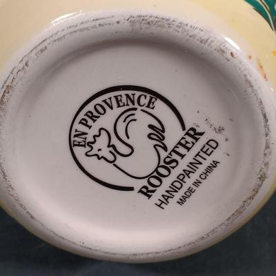LOT 145: Vintage Milk Bottles, Spongeware Reco Crock, En Provence Rooster Canister & More