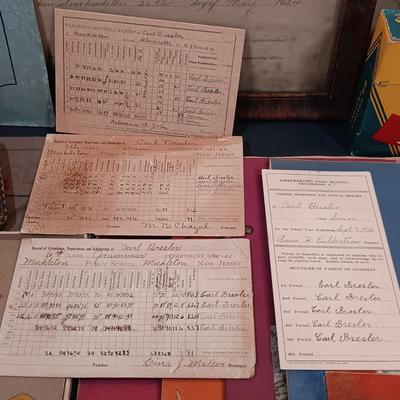 LOT 151: Vintique School Collection - 1920s School Certificates, Old King Cole Watercolor Tin, Children's Notebooks & More