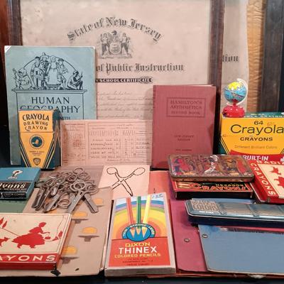 LOT 151: Vintique School Collection - 1920s School Certificates, Old King Cole Watercolor Tin, Children's Notebooks & More