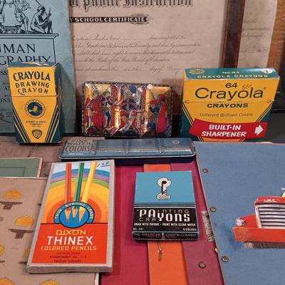 LOT 151: Vintique School Collection - 1920s School Certificates, Old King Cole Watercolor Tin, Children's Notebooks & More