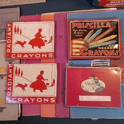 LOT 151: Vintique School Collection - 1920s School Certificates, Old King Cole Watercolor Tin, Children's Notebooks & More