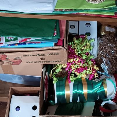 LOT 153: Large Collection of Wrapping Paper, Gift Bags, Ribbons & More