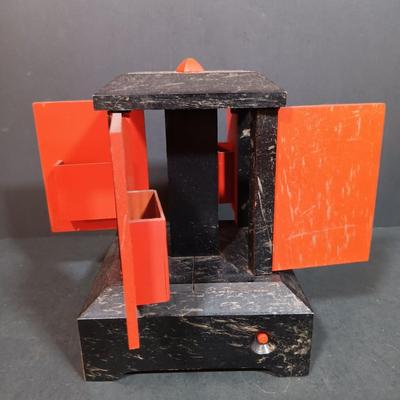 LOT 157: Vintage Mechanical Musical Wood Card Holder with a German Made Singing Bird Music Box