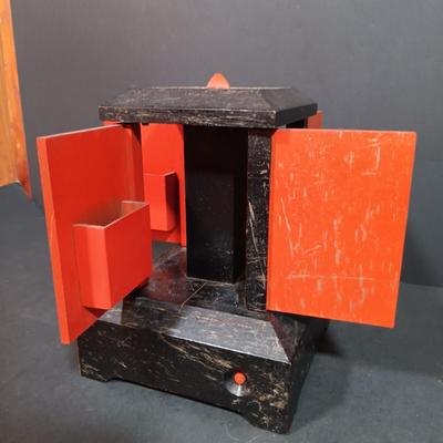 LOT 157: Vintage Mechanical Musical Wood Card Holder with a German Made Singing Bird Music Box