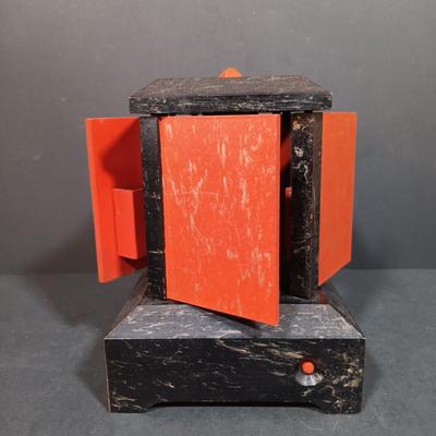 LOT 157: Vintage Mechanical Musical Wood Card Holder with a German Made Singing Bird Music Box