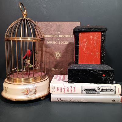 LOT 157: Vintage Mechanical Musical Wood Card Holder with a German Made Singing Bird Music Box