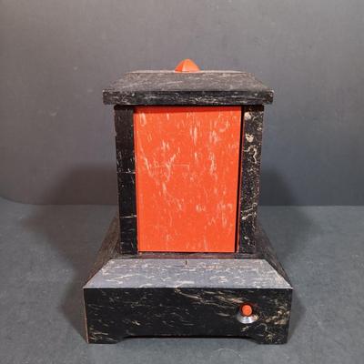 LOT 157: Vintage Mechanical Musical Wood Card Holder with a German Made Singing Bird Music Box