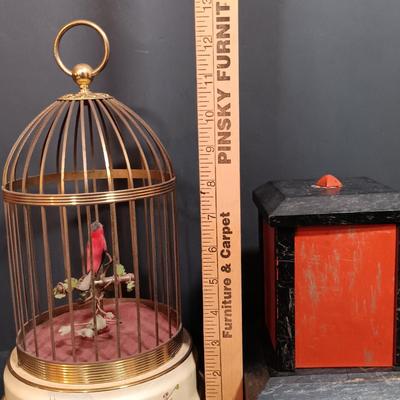 LOT 157: Vintage Mechanical Musical Wood Card Holder with a German Made Singing Bird Music Box