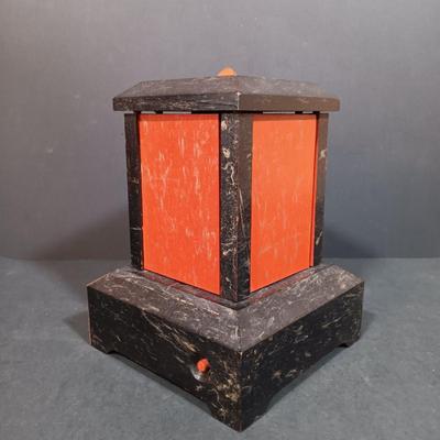 LOT 157: Vintage Mechanical Musical Wood Card Holder with a German Made Singing Bird Music Box
