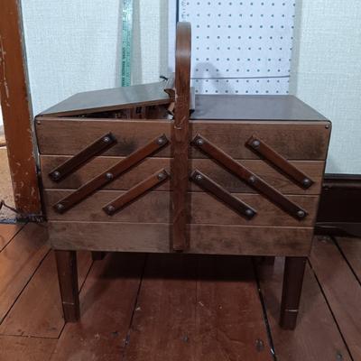 LOT 158: Vintage Strømmen Accordion Sewing Box with Sewing Notions & More