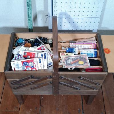 LOT 158: Vintage Strømmen Accordion Sewing Box with Sewing Notions & More