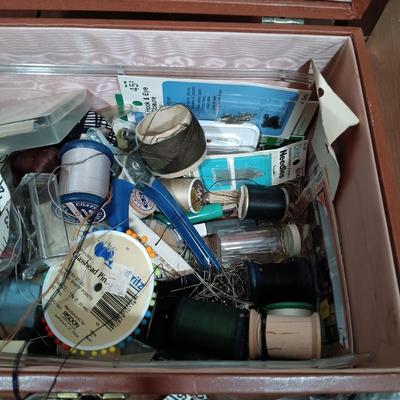 LOT 158: Vintage Strømmen Accordion Sewing Box with Sewing Notions & More