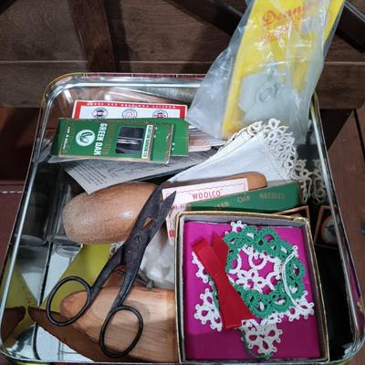 LOT 158: Vintage Strømmen Accordion Sewing Box with Sewing Notions & More