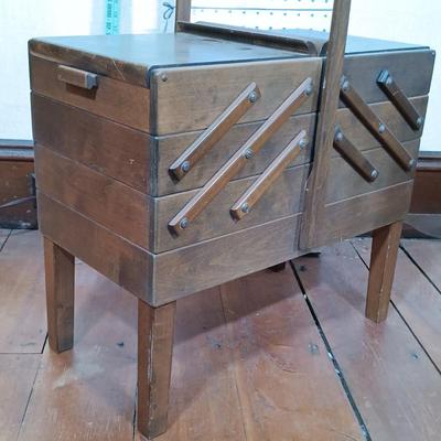 LOT 158: Vintage Strømmen Accordion Sewing Box with Sewing Notions & More