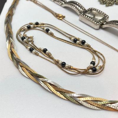 LOT 163: Jewelry Collection - Premier Designs Watch, Pendant Necklaces, Tri-Color Braided Chain, Sarah Coventry Gold Filled and More