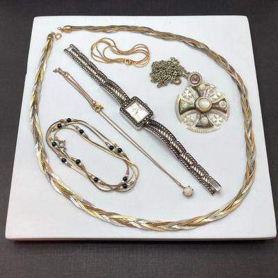 LOT 163: Jewelry Collection - Premier Designs Watch, Pendant Necklaces, Tri-Color Braided Chain, Sarah Coventry Gold Filled and More