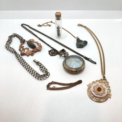LOT 164: Pendant Watch and Necklaces, Gold Filled Chain and Vintage Red Stone Buttons