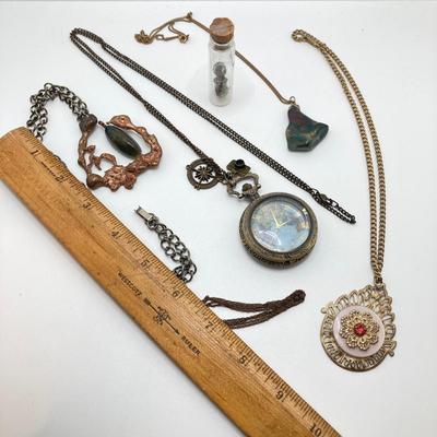 LOT 164: Pendant Watch and Necklaces, Gold Filled Chain and Vintage Red Stone Buttons
