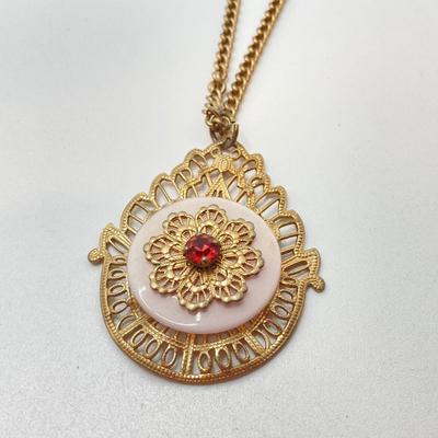LOT 164: Pendant Watch and Necklaces, Gold Filled Chain and Vintage Red Stone Buttons