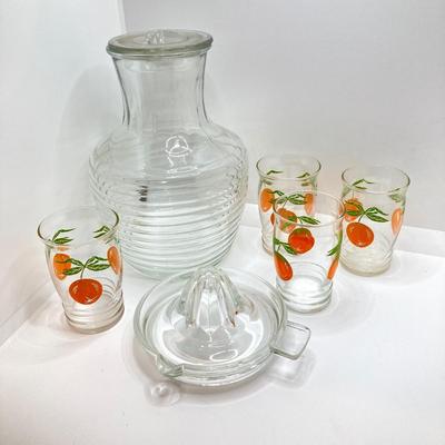 LOT 166: Vintage Glasses - Juice Pitcher, Juicer with Collection of Drinking Glasses