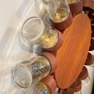 LOT 168: Mid-Century Modern Rotating Wood / Glass 16 Spice Wheel