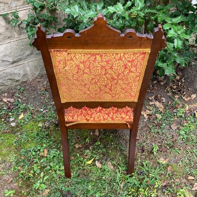 LOT 170: Carved and Upholstered Victorian Chair with Mirrored / Wood Corner Shelf