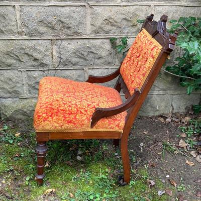 LOT 170: Carved and Upholstered Victorian Chair with Mirrored / Wood Corner Shelf