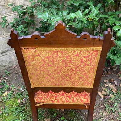 LOT 170: Carved and Upholstered Victorian Chair with Mirrored / Wood Corner Shelf