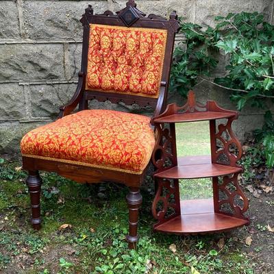 LOT 170: Carved and Upholstered Victorian Chair with Mirrored / Wood Corner Shelf