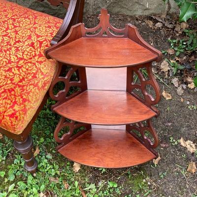 LOT 170: Carved and Upholstered Victorian Chair with Mirrored / Wood Corner Shelf