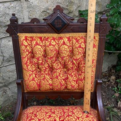 LOT 170: Carved and Upholstered Victorian Chair with Mirrored / Wood Corner Shelf