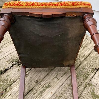 LOT 170: Carved and Upholstered Victorian Chair with Mirrored / Wood Corner Shelf