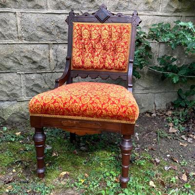 LOT 170: Carved and Upholstered Victorian Chair with Mirrored / Wood Corner Shelf