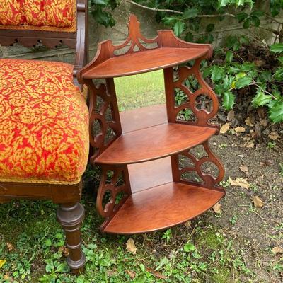 LOT 170: Carved and Upholstered Victorian Chair with Mirrored / Wood Corner Shelf
