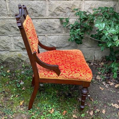 LOT 170: Carved and Upholstered Victorian Chair with Mirrored / Wood Corner Shelf