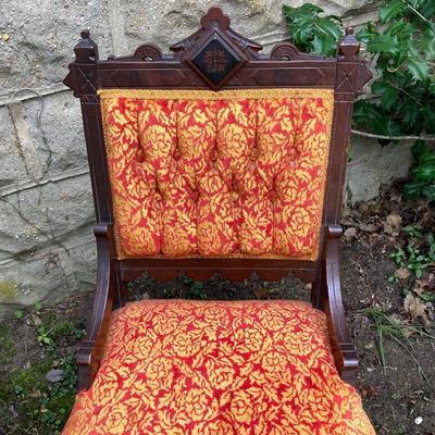 LOT 170: Carved and Upholstered Victorian Chair with Mirrored / Wood Corner Shelf