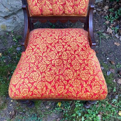 LOT 170: Carved and Upholstered Victorian Chair with Mirrored / Wood Corner Shelf