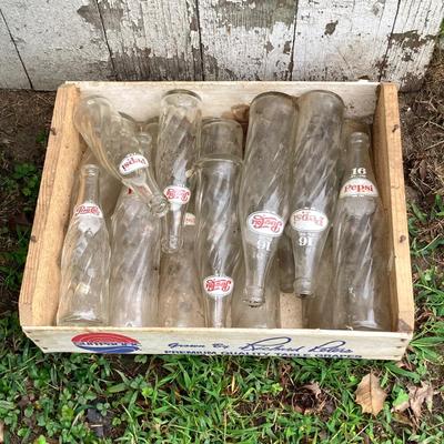 LOT 171: Wood Crate with Collection of Vintage Glass Pepsi Bottles