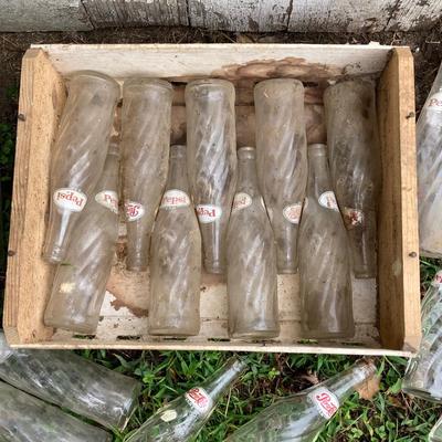 LOT 171: Wood Crate with Collection of Vintage Glass Pepsi Bottles