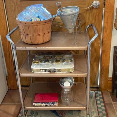 LOT 172: Rolling Metal Cart with Canning Supplies and Books