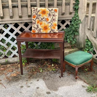 LOT 173: Vintage Ornate Wood Table with Foot Stool and Accent Pillow