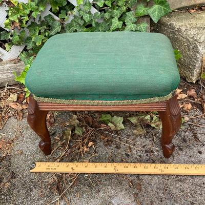 LOT 173: Vintage Ornate Wood Table with Foot Stool and Accent Pillow