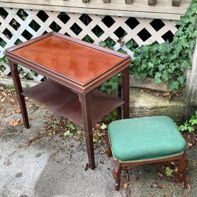 LOT 173: Vintage Ornate Wood Table with Foot Stool and Accent Pillow