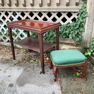 LOT 173: Vintage Ornate Wood Table with Foot Stool and Accent Pillow
