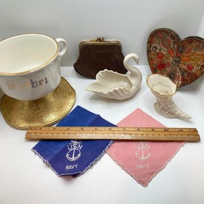 LOT 175: Antique / Vintage Ladies' Collection - Beautiful Heart Shaped Trinket Dish, Lenox China Swan / Cornucopia, USN Navy...