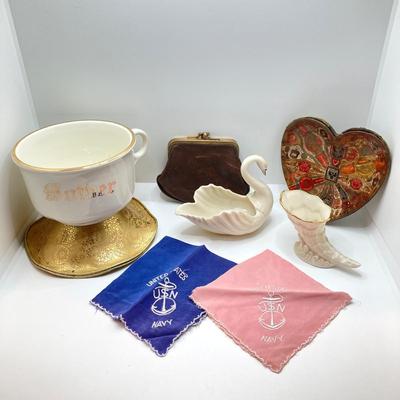 LOT 175: Antique / Vintage Ladies' Collection - Beautiful Heart Shaped Trinket Dish, Lenox China Swan / Cornucopia, USN Navy...