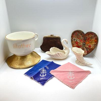 LOT 175: Antique / Vintage Ladies' Collection - Beautiful Heart Shaped Trinket Dish, Lenox China Swan / Cornucopia, USN Navy...